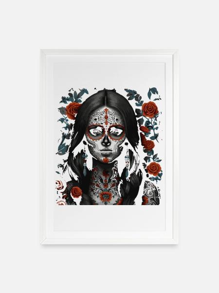 Sugar Skull Maiden Blumen Tattoo - Gerahmtes Poster (49 × 69 cm) - Weiß