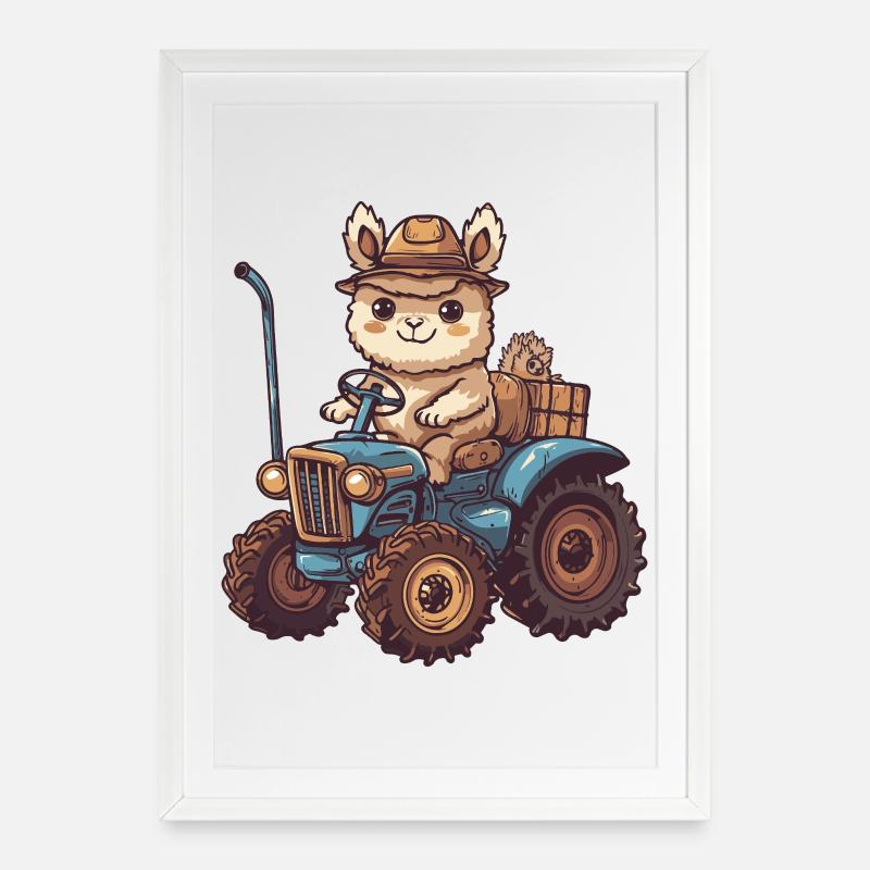 Alpaka Llama Traktor Farmer - Gerahmtes Poster (49 × 69 cm) - Weiß