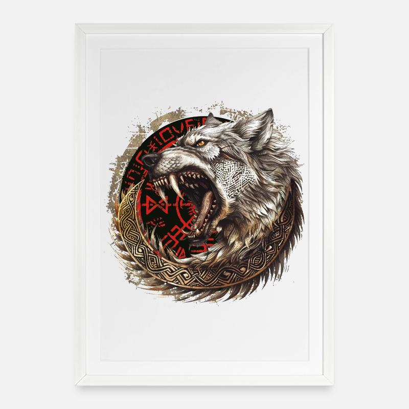 Viking Wolf Wolves Odin's Geri & Freki Valhalla - Framed poster (49 × 69 cm) - white