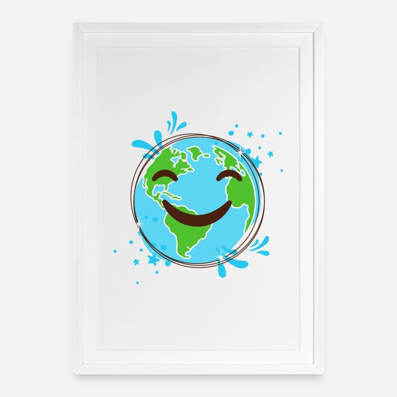 Smiling Earth Design fröhlicher Globus - Gerahmtes Poster (49 × 69 cm) - Weiß