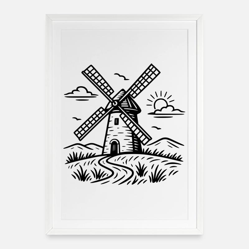 Windmühle - Gerahmtes Poster (49 × 69 cm) - Weiß