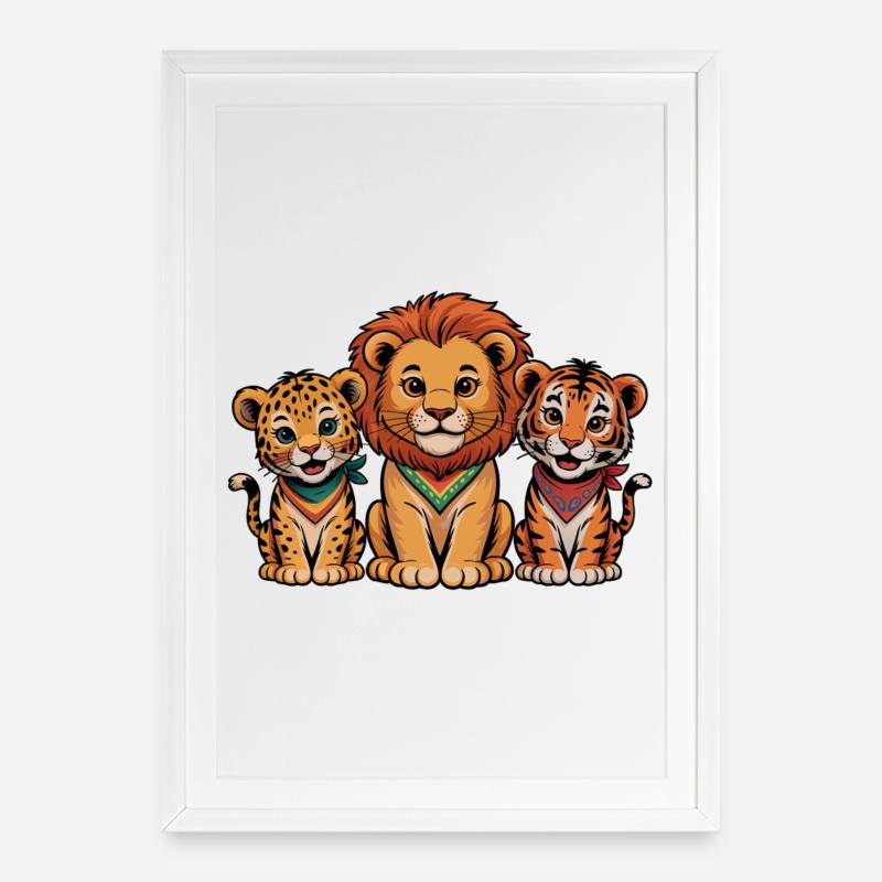 Süße Löwe Tiger Leopard Freunde - Gerahmtes Poster (49 × 69 cm) - Weiß