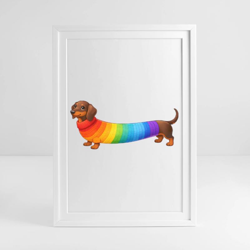 Dackel mit Regenbogen Pullover  Gerahmtes Poster (49 × 69 cm)
