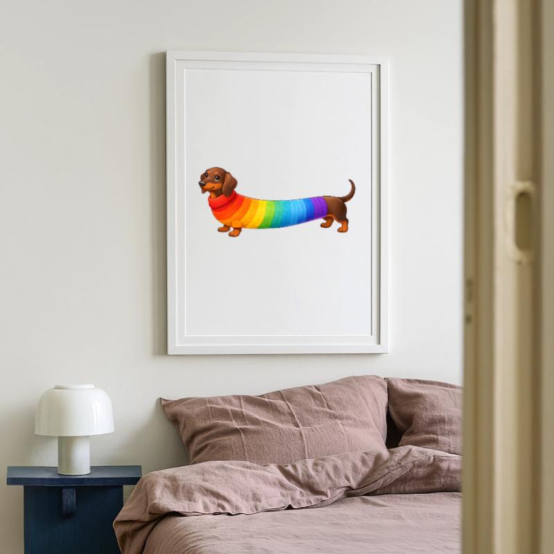 Dackel mit Regenbogen Pullover  Gerahmtes Poster (49 × 69 cm)