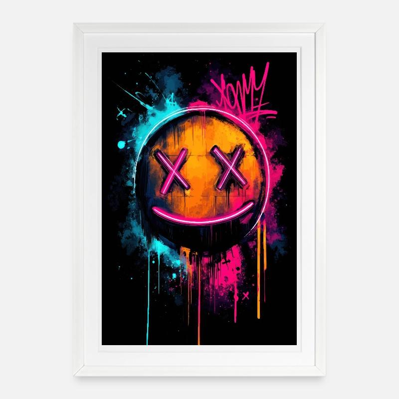 Graffiti néon Smiley avec des yeux en X - Affiche encadrée (49 × 69 cm) - blanc