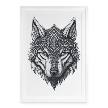 Tête de loup style tatouage viking - Affiche encadrée (49 × 69 cm) - blanc - Devant
