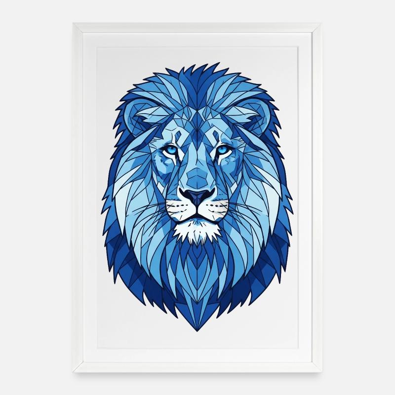 Blauer Geometrischer Löwe - Gerahmtes Poster (49 × 69 cm) - Weiß