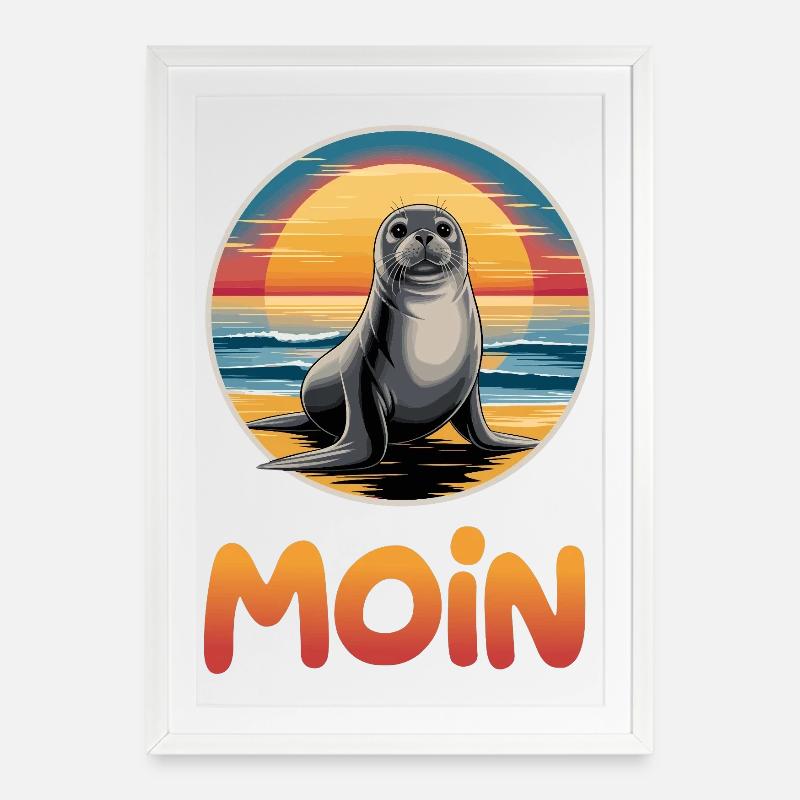 Cute Seal Moin On The Beach Sunset - Framed poster (49 × 69 cm) - white