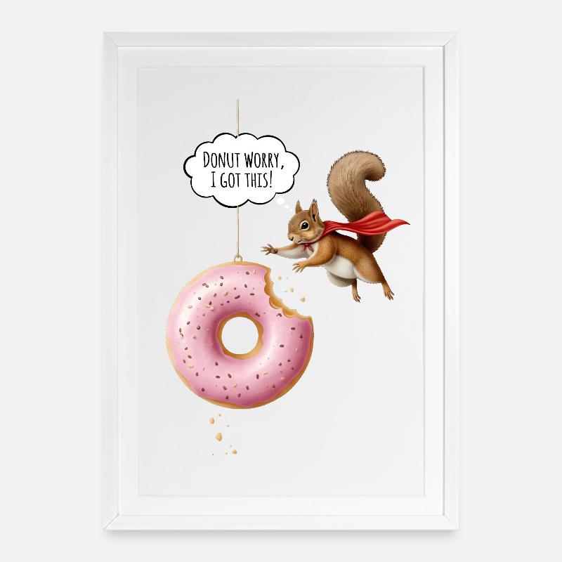 Écureuils mignons avec beignet - Affiche encadrée (49 × 69 cm) - blanc