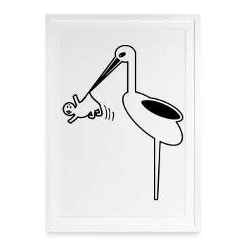 Cigogne avec bébé sage-femme, naissance de cigogne - Affiche encadrée (49 × 69 cm) - blanc - Devant