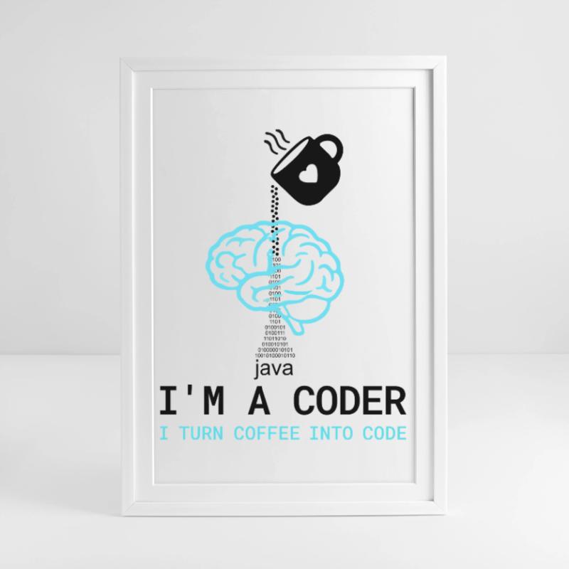 T-shirt Coder : Du café dans le code – Nerdy Programmie Affiche encadrée (49 × 69 cm)