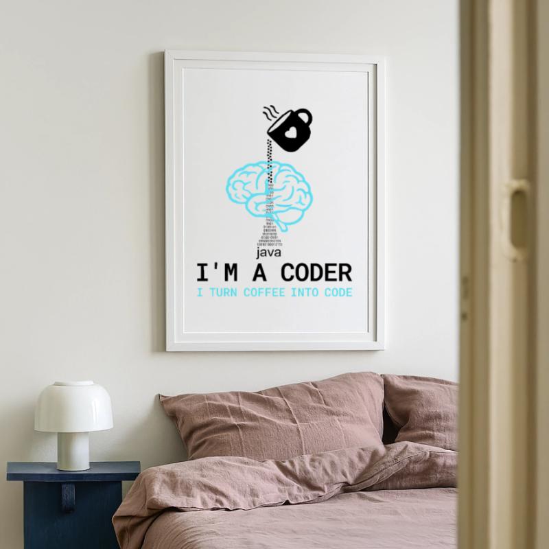 Coder T-Shirt: Coffee into Code – Nerdy Programmie Framed poster (49 × 69 cm)