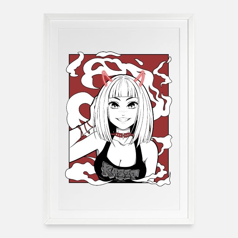 Anime Teufel Mädchen Goth Design - Gerahmtes Poster (49 × 69 cm) - Weiß