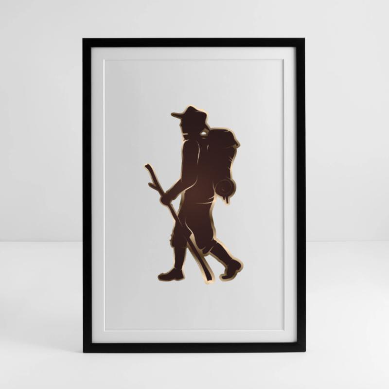Pilger oder Wanderer mit Wanderstab & Rucksack Gerahmtes Poster (49 × 69 cm)