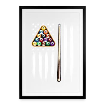 Drapeau américain, billard, queue patriotique, art sportif - Affiche encadrée (49 × 69 cm) - noir - Devant