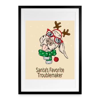 Santa’s Favorite Troublemaker – Lustiger Hund - Gerahmtes Poster (49 × 69 cm) - Schwarz - Vorne