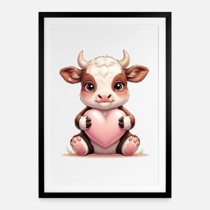 Bébé vache avec du cœur - Affiche encadrée (49 × 69 cm) - noir