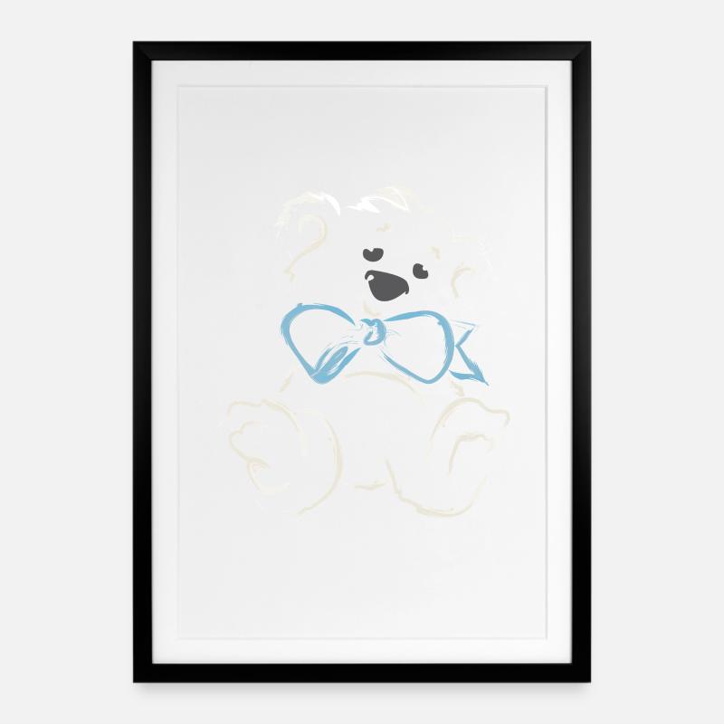 Ours en peluche ludique avec nœud bleu - Affiche encadrée (49 × 69 cm) - noir