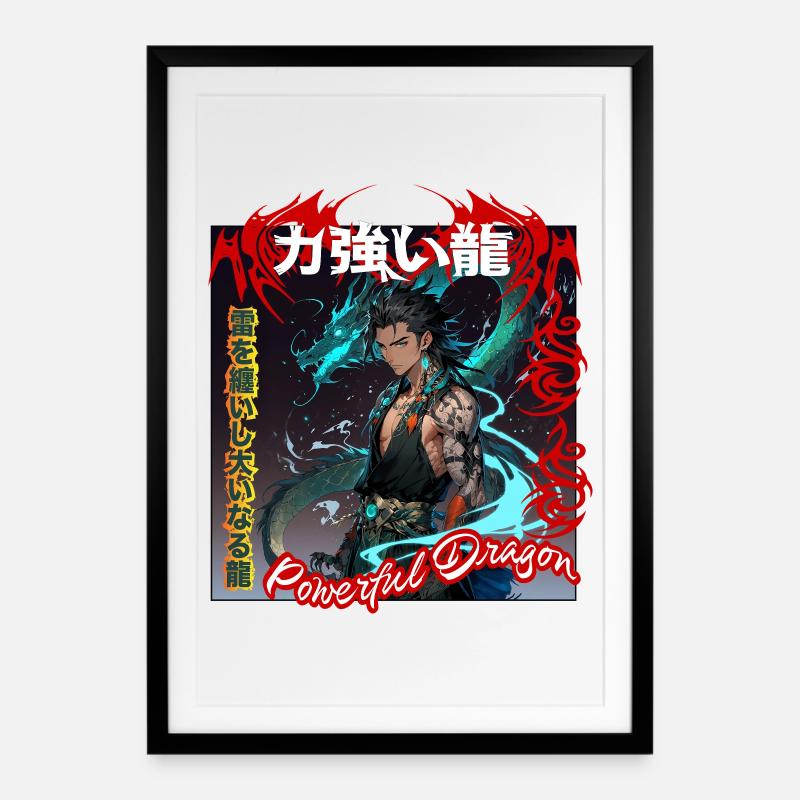 Mythical warrior with dragon accent - Framed poster (49 × 69 cm) - black