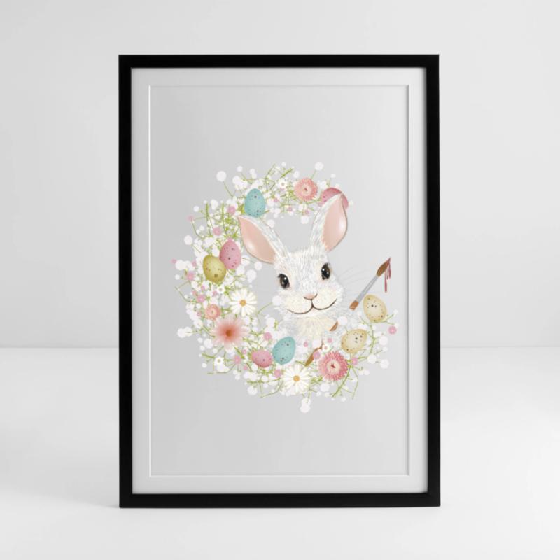 White Rabbit with Easter Eggs & Brush for Easter Framed poster (49 × 69 cm)