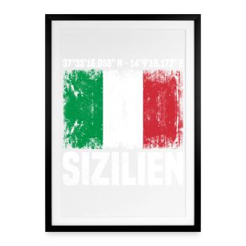 Sizilien Koordinaten - Gerahmtes Poster (49 × 69 cm) - Schwarz - Vorne