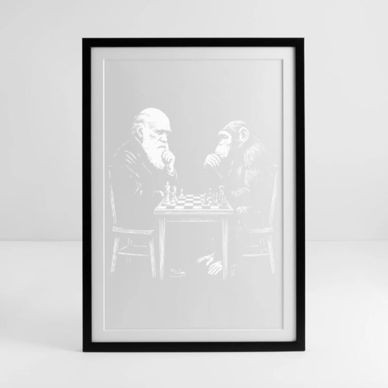 Darwin joue aux échecs avec un singe - Jeu d’évolution Affiche encadrée (49 × 69 cm)