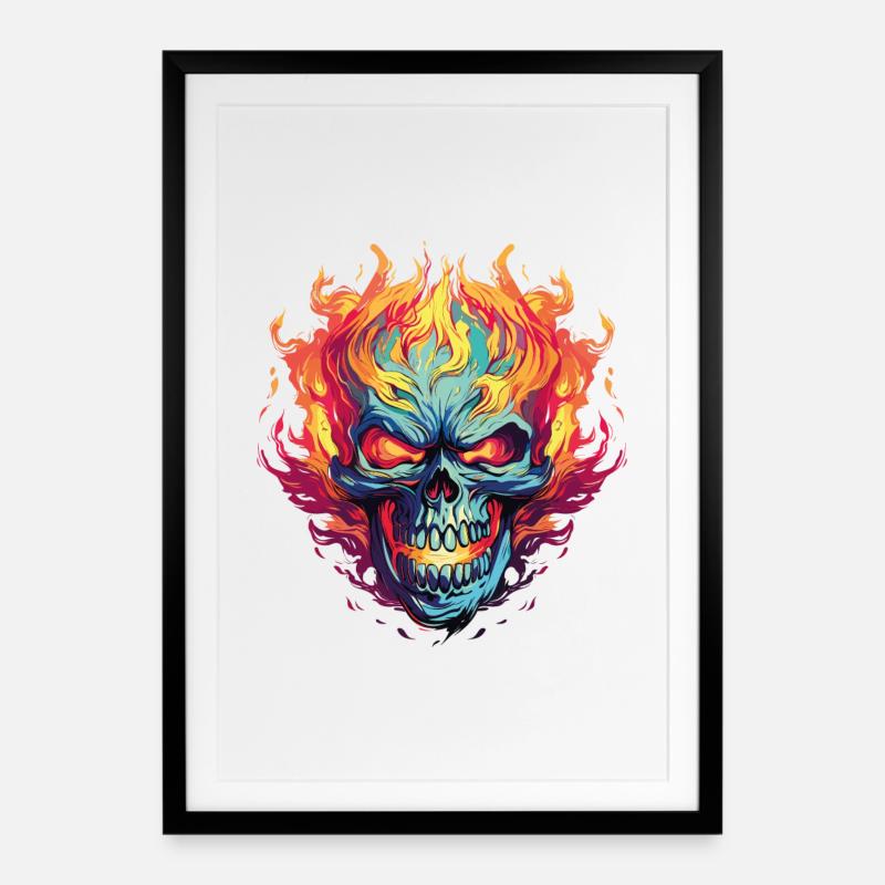Neon Flames Skull Illustration - Framed poster (49 × 69 cm) - black