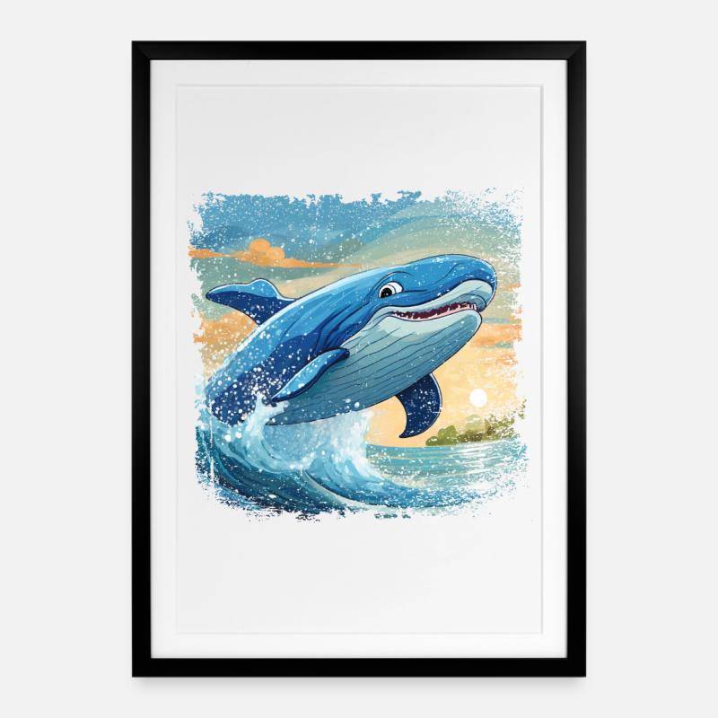 Le rorqual bleu saute hors de l’eau et sourit - Affiche encadrée (49 × 69 cm) - noir