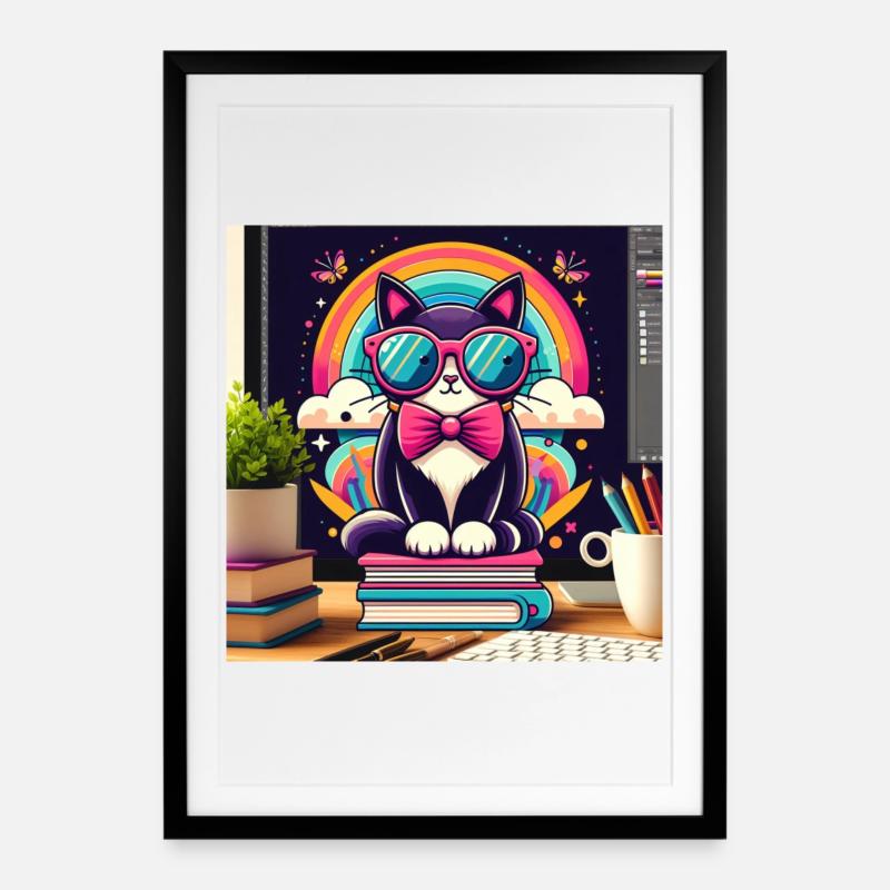 Chat studieux à lunettes - Affiche encadrée (49 × 69 cm) - noir