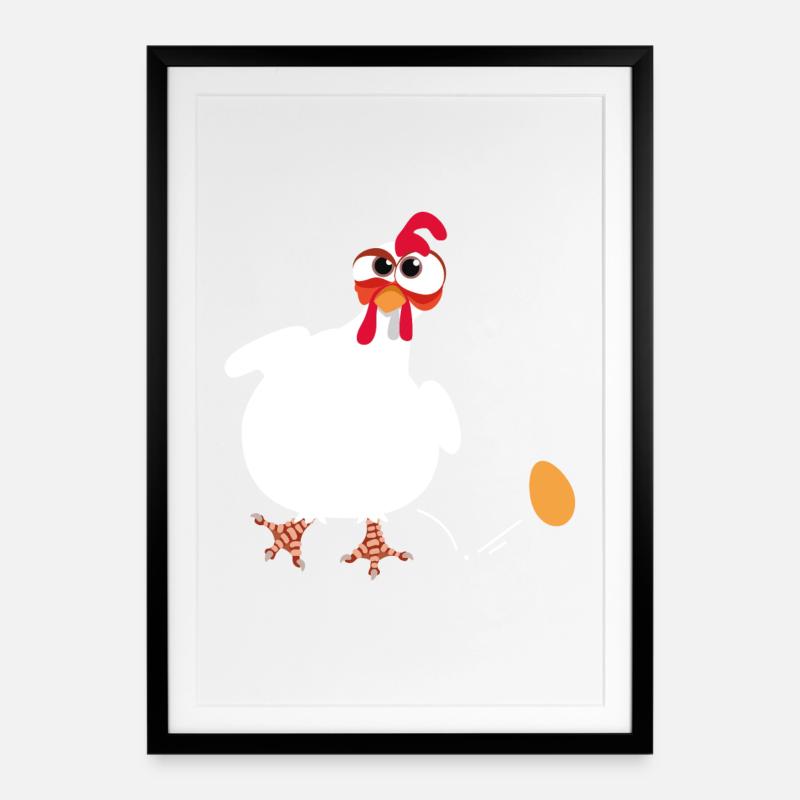 Weiße Henne legt ein Ei lustige Comic-Zeichnung - Gerahmtes Poster (49 × 69 cm) - Schwarz