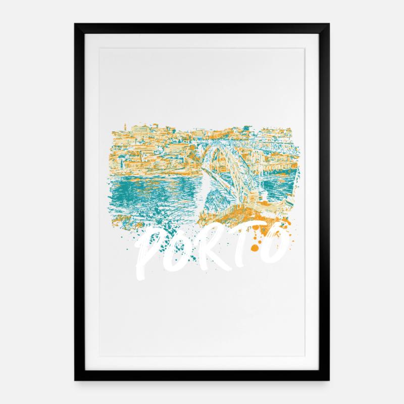 Pont D. Luis Porto illustration colorée Douro - Affiche encadrée (49 × 69 cm) - noir
