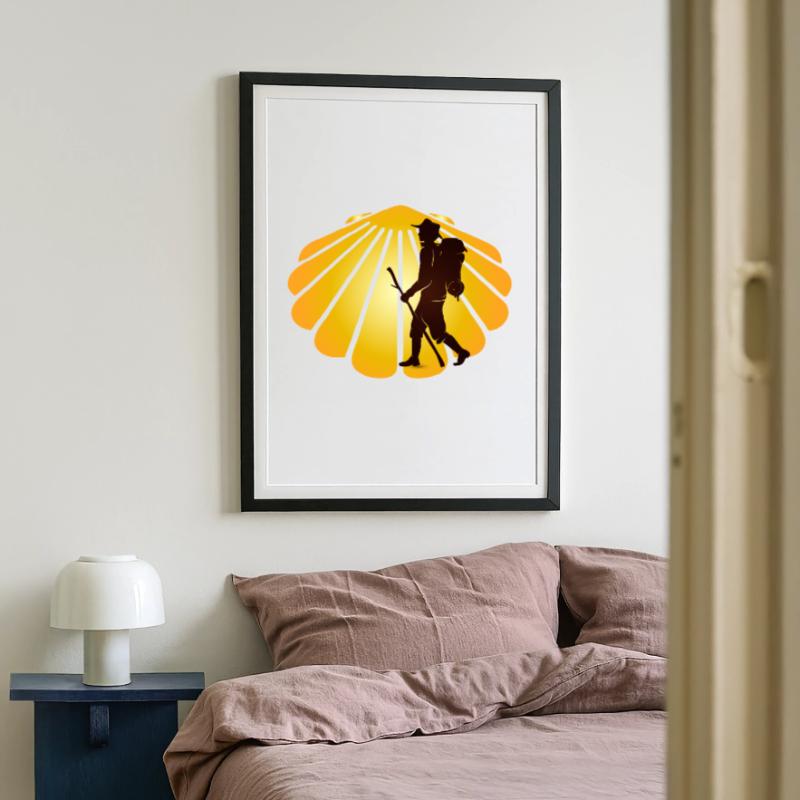 A pilgrim on a pilgrimage path with scallops Framed poster (49 × 69 cm)