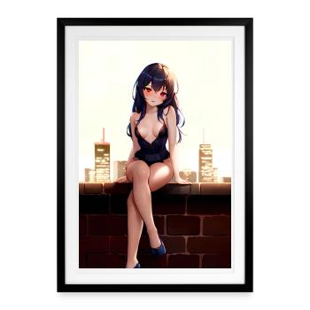 City Night Girl – Anime-Stil mit Rooftop-Feeling - Gerahmtes Poster (49 × 69 cm) - Schwarz - Vorne