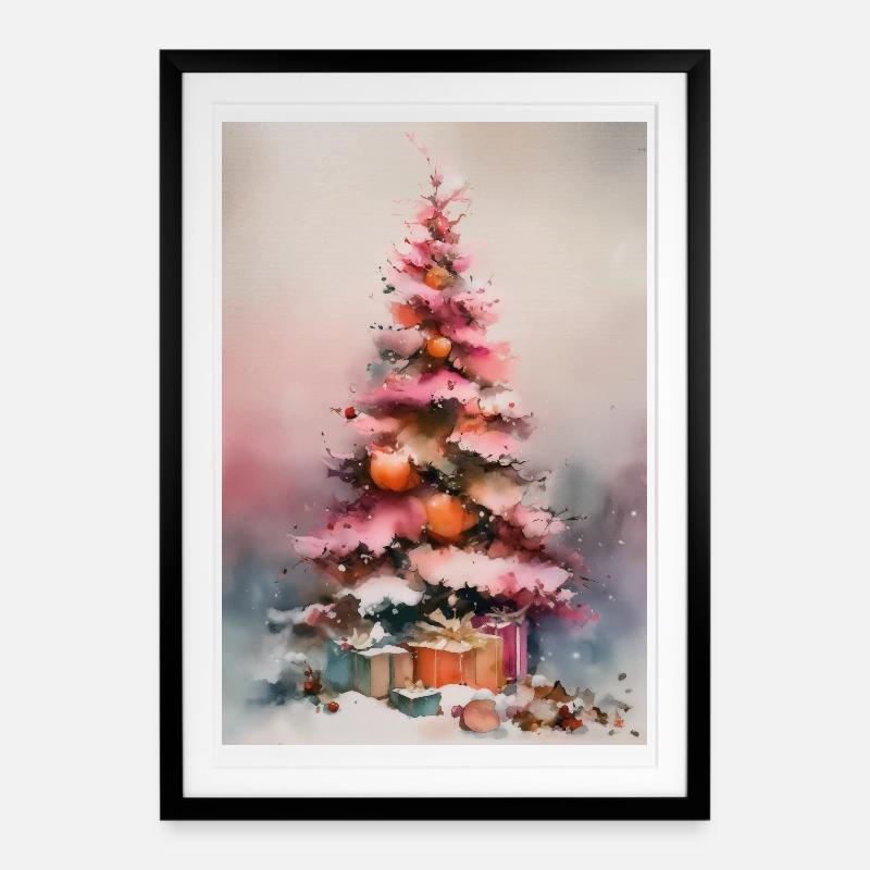 Arbre de Noël pastel aquarelle - Affiche encadrée (49 × 69 cm) - noir