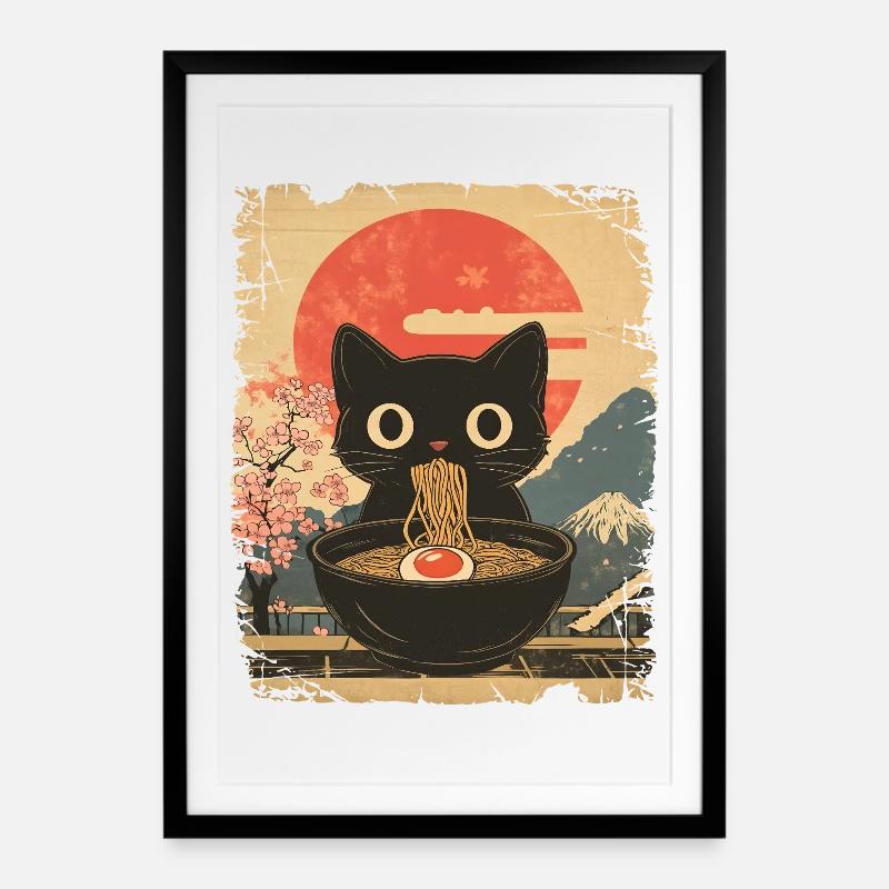 Cat Eats Ramen - vintage style - Framed poster (49 × 69 cm) - black