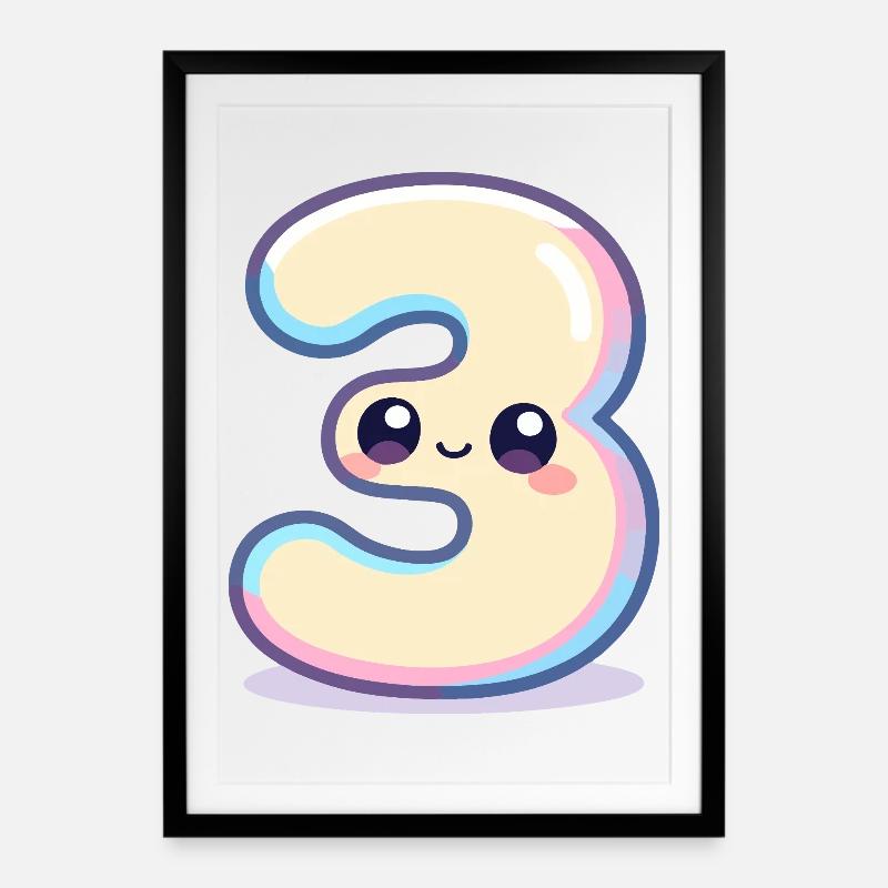 Numéro 3 Kawaii Pastel - Affiche encadrée (49 × 69 cm) - noir