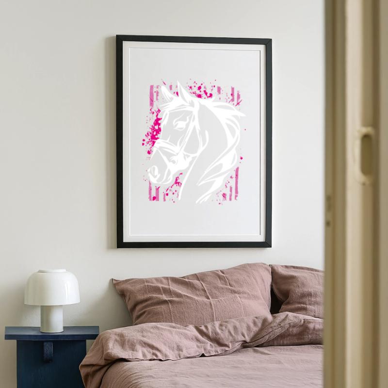 Cheval de style graffiti avec éclaboussure de couleur rose Affiche encadrée (49 × 69 cm)