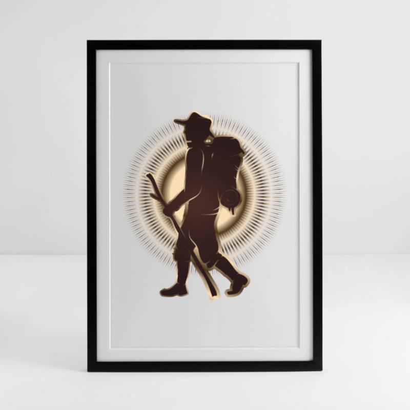Pilger oder Wanderer mit Wanderstab & Rucksack Gerahmtes Poster (49 × 69 cm)