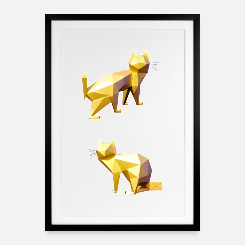 Art de facette Golden Polygon Cats - Affiche encadrée (49 × 69 cm) - noir