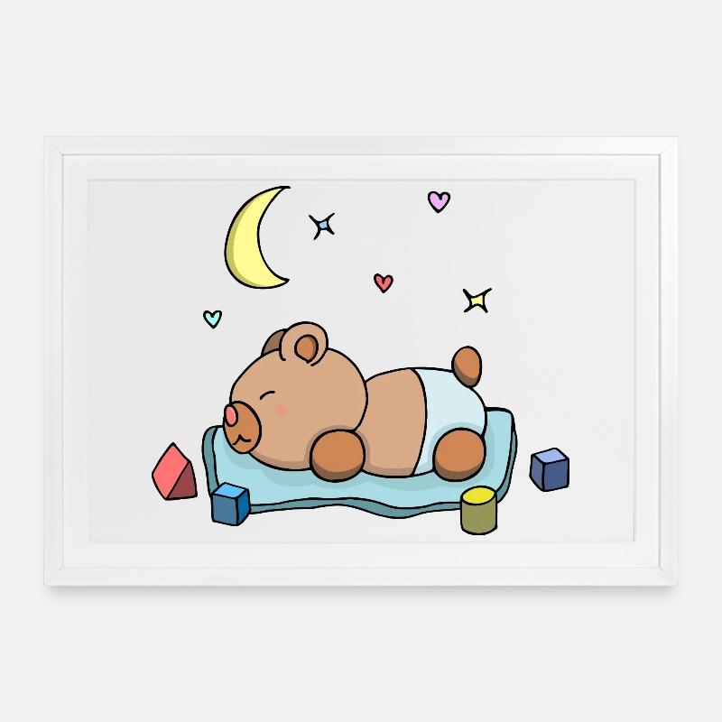 ours en peluche garçon garçon dormir bleu dessin mignon - Affiche encadrée (69 × 49 cm) - blanc