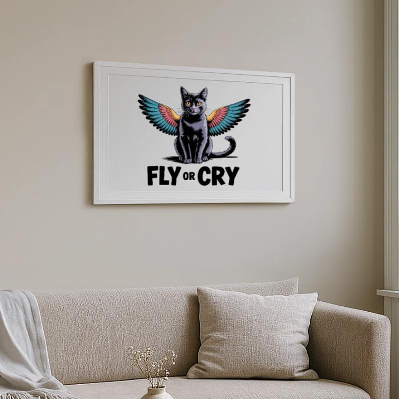 Fliege oder rufe Katze Gerahmtes Poster (69 × 49 cm)