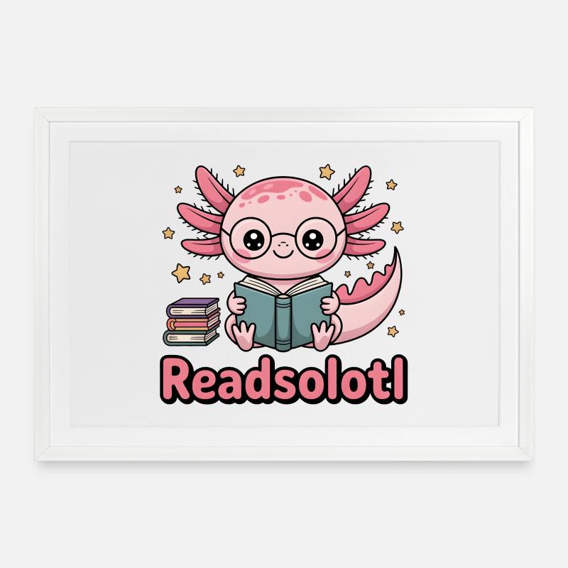 Süßes Axolotl mit Brille  Readsolotl Buchliebhaber - Gerahmtes Poster (69 × 49 cm) - Weiß