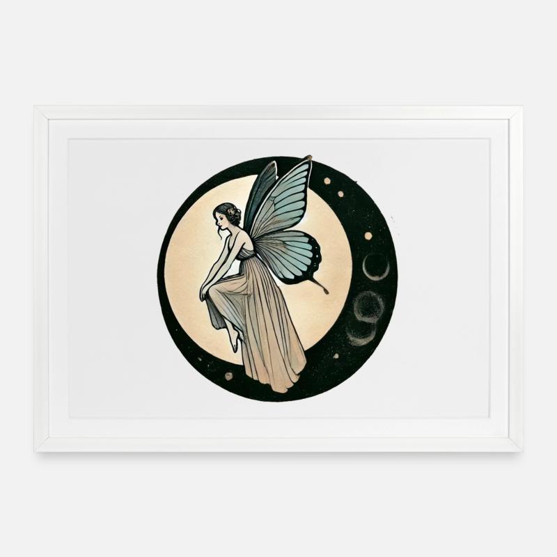 Moonlit Fairy on a Crescent Moon - Framed poster (69 × 49 cm) - white