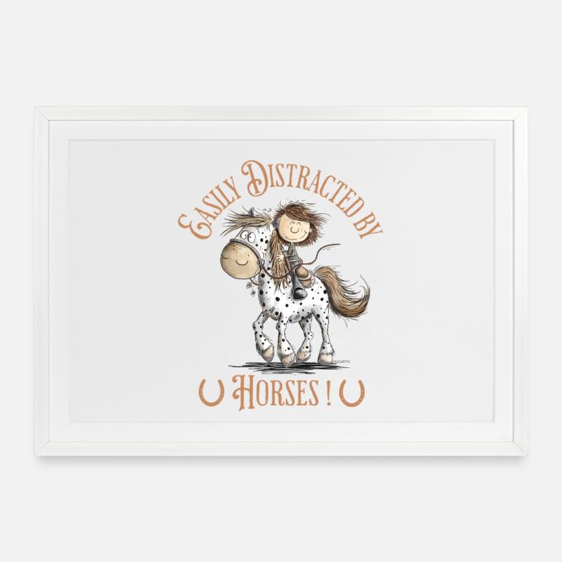 Drolliges Pferd mit Reiter Und Pferde Spruch - Gerahmtes Poster (69 × 49 cm) - Weiß