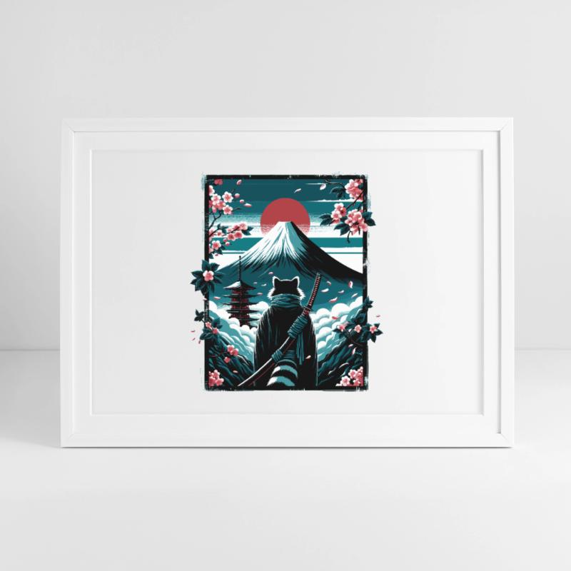 Chat avec une épée de samouraï devant Fuji Affiche encadrée (69 × 49 cm)