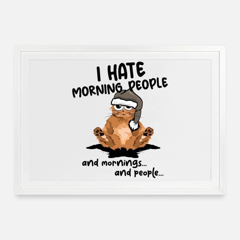 Matin de chat drôle disant icône de dessin animé comique - Affiche encadrée (69 × 49 cm) - blanc