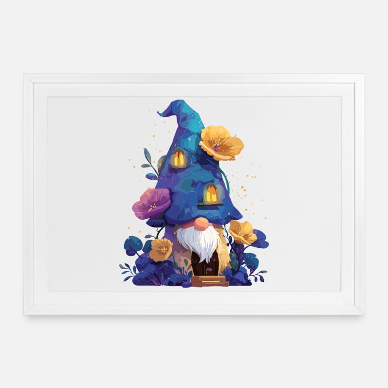 Gnome bleu dans la Maison des Fleurs - Affiche encadrée (69 × 49 cm) - blanc
