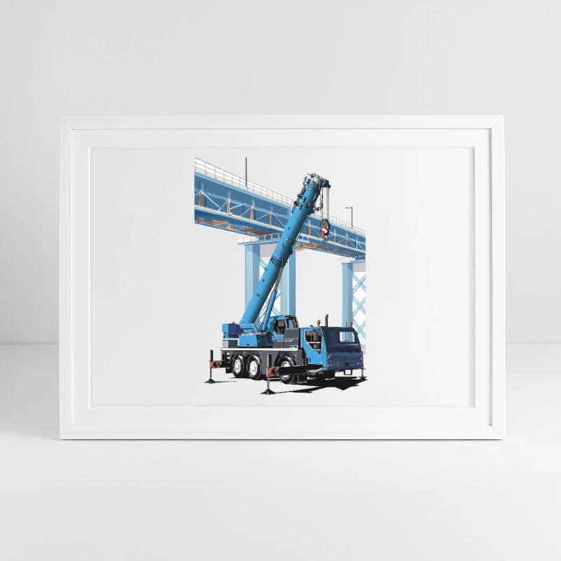 Mobile crane assembles bridge sections Framed poster (69 × 49 cm)