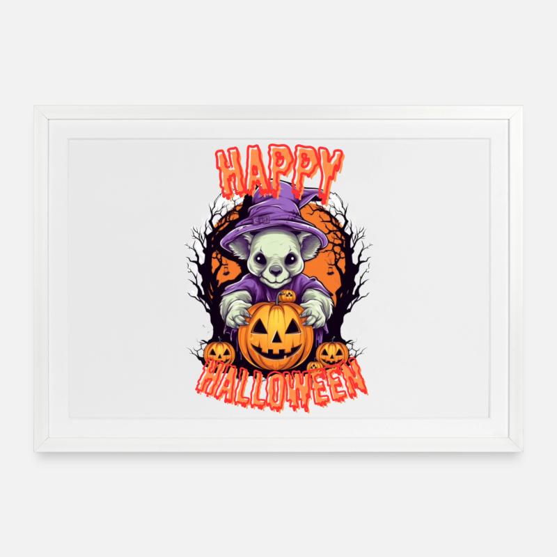Chien d’Halloween mignon avec des citrouilles - Affiche encadrée (69 × 49 cm) - blanc