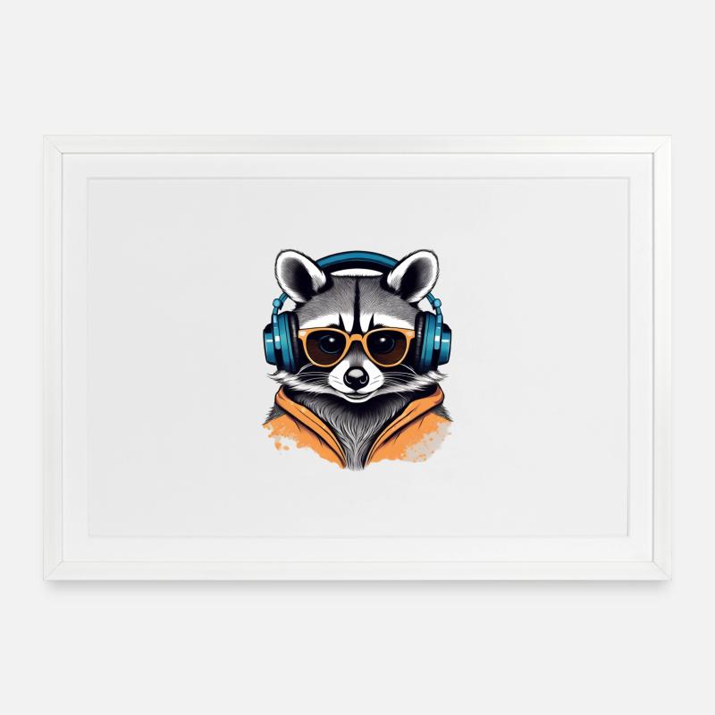 Cool Waschbär mit Kopfhörern und Sonnenbrille - Gerahmtes Poster (69 × 49 cm) - Weiß